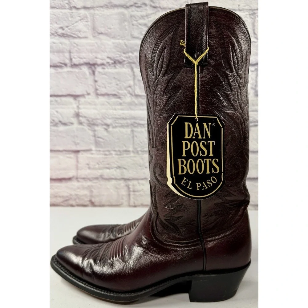 Vintage Dan Post Burgundy Nappa Mens 9 Cowboy Boots 16773 Western Leather Box - Picture 3 of 12